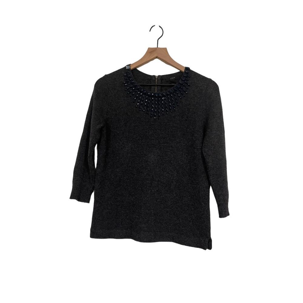 J Crew Womens Beaded Gray 3/4 Sleeve Wool Rabbit Hair Blend Sweater Size XS
